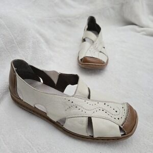 Vintage Leather Brown‎ White Strappy Sandals EU 38 Flat Caged Casual Loafer